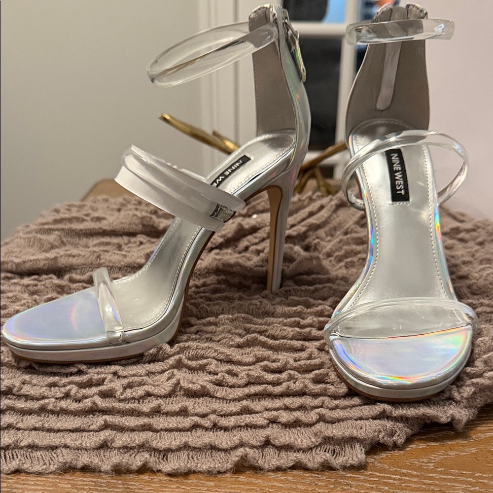 Nine West Silver Holographic Clear-Strap High Heel Sandals